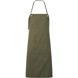 An olive-green canvas apron with a double pocket design and an adjustable neck strap.