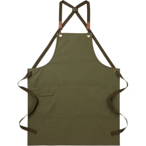 An olive green cross-back bib apron with adjustable straps and a front pocket. Features an attached logo.