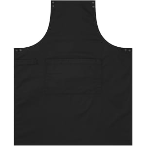 A black custom apron featuring a spacious pocket and adjustable straps. The apron has a logo on it.