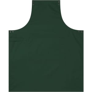 A dark green custom apron featuring a pocket and snap closures, with a logo visible on the fabric.