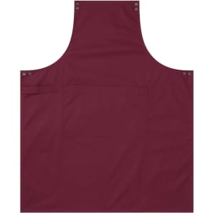 A maroon custom apron featuring a large pocket and snap buttons, with a plain design and a logo.
