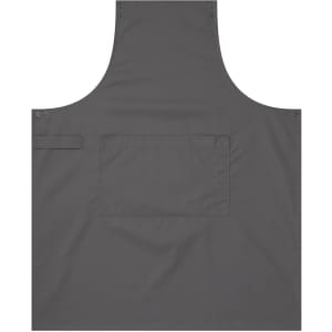 A grey custom apron featuring a front pocket and snaps for adjustment, with a logo present.