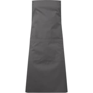 A grey custom apron with a waist and two front pockets, featuring a logo.