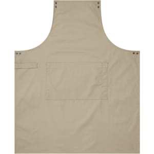 A beige custom apron with a front pocket and metal snaps, featuring a blank surface for personalisation.