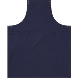 A navy blue custom apron featuring a large pocket and metal studs at the neckline, with a branding logo.