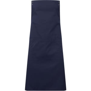 A navy blue custom apron featuring a front pocket and button accents, suitable for various tasks.