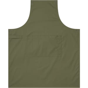 An olive green apron featuring a front pocket and equipped with eyelets for adjustment. It has a logo.