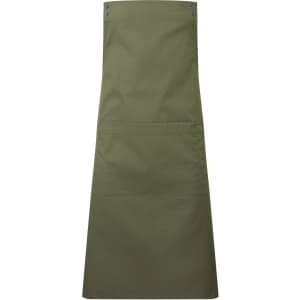 A custom apron in olive green with a front pocket and metal snaps at the top. It features a logo or branding.