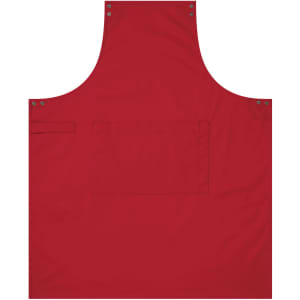 A red apron featuring a pocket and metal snap details, with branding on the fabric.