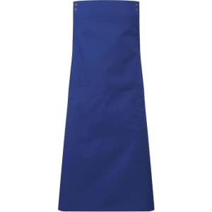A blue custom apron with a simple design and two front pockets. Features metal snaps at the top and no visible logos.