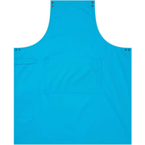 A bright blue custom apron featuring a front pocket and snap closures at the top. Branding is visible.