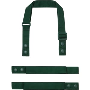 A green custom apron strap set, featuring a neck strap and two waist straps, with snap buttons and clasps.