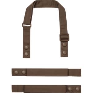 Brown custom apron straps featuring adjustable clips and snaps, shown in a flat layout.