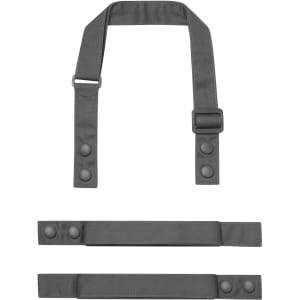 Grey fabric straps for the Swap & Pop Custom Apron, featuring adjustable buckles and snap buttons.