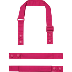 Three pink straps for a custom apron, including one neck strap and two waist straps. The design features snap fasteners.