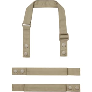 Custom apron straps in khaki with snap fasteners and an adjustable buckle. Includes two long straps and one short strap.