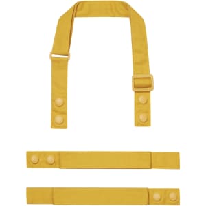 Yellow fabric straps for a custom apron, including a neck strap and two side straps with buttons.