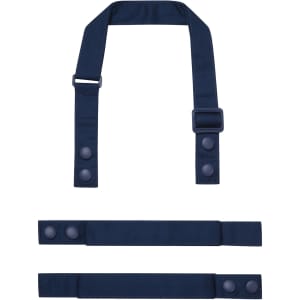 A navy blue apron strap set with adjustable and detachable components, featuring buttons and a buckle.