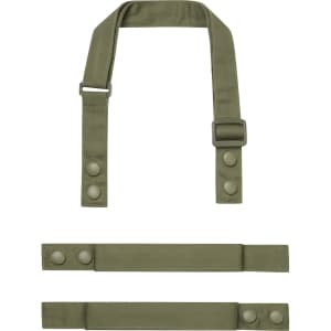 An olive green apron strap set, featuring two adjustable straps with snap buttons for attachment.