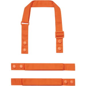 An orange custom apron strap set featuring adjustable lengths and button closures, with a logo present.