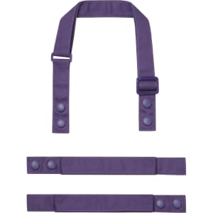 A purple custom apron strap set featuring adjustable pieces and snap buttons, with a branding logo present.