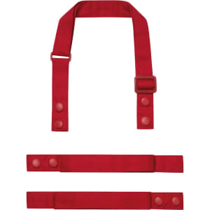 Red adjustable straps for a custom apron, featuring snap buttons and a buckle. Includes one shoulder strap and two waist straps.