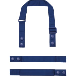 Navy blue straps for a custom apron, featuring buttons for attachment and an adjustable design.
