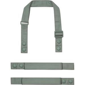 A green custom apron strap set featuring adjustable clasps and snap buttons. Includes one long and two short straps.