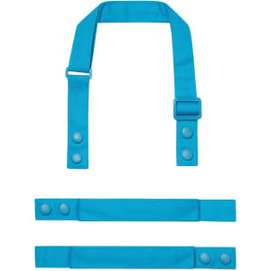 A turquoise custom apron strap set featuring adjustable lengths and snap fasteners, with a logo present.
