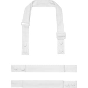 A white set of adjustable apron straps with buttons, featuring a wide neck strap and two side straps.