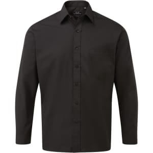 A long-sleeve button-up shirt in solid black with a collar and a single chest pocket.