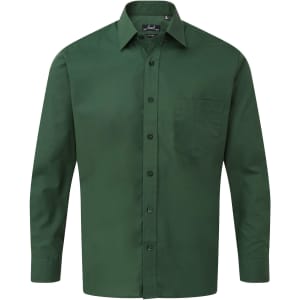 A green button-up shirt featuring long sleeves and a chest pocket, with a logo on the label.