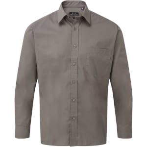 A long-sleeved button-up shirt in a muted grey colour with a chest pocket and a collar.