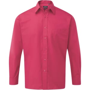 A long-sleeve button-up shirt in vibrant pink, featuring a chest pocket and a small logo on the collar.