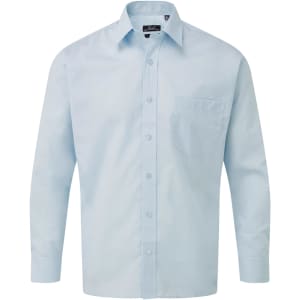 A light blue long-sleeve button-up shirt with a single chest pocket and a collar, featuring a logo.