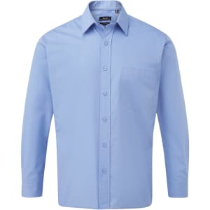 A light blue long-sleeved button-up shirt with a single chest pocket and a logo on the collar.