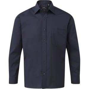 A navy blue long-sleeve button-up shirt with a single chest pocket and branding on the collar.