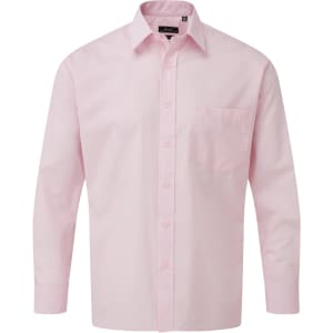 A pink button-up shirt with long sleeves and a chest pocket, featuring a logo on the label.