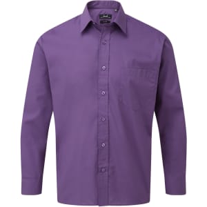 A purple long-sleeve button-up shirt with a single chest pocket and a logo on the collar.