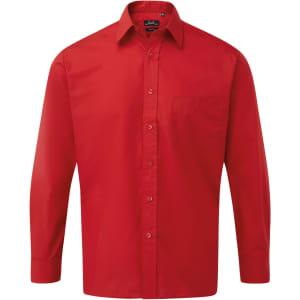 A long-sleeve button-up shirt in bright red with a single chest pocket and a logo.
