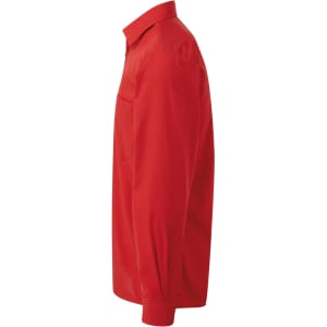 A red button-up shirt with long sleeves, featuring a side view design and a logo on the chest area.