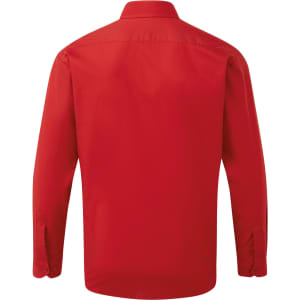 A bright red long-sleeved button-up shirt with a collar and buttons at the cuffs, featuring a logo.