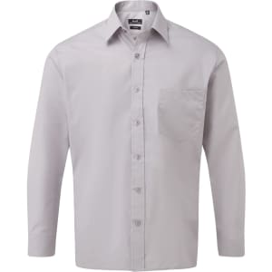 A light grey button-up shirt with long sleeves and a chest pocket, featuring a logo on the label.