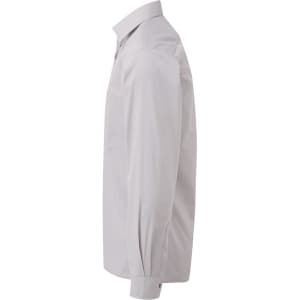 A light grey long-sleeve button-up shirt with a collar and a single chest pocket. It features a logo on the front.