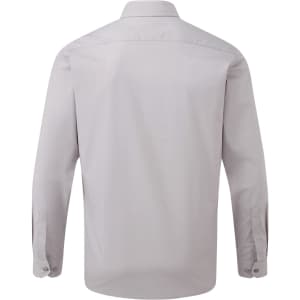 A light grey long-sleeve button-up shirt with a back view. Features cuffed sleeves and a collar. Includes a logo.