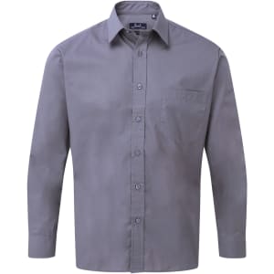 A light grey long-sleeve button-up shirt with a pocket on the left chest. It features a collar and a logo.