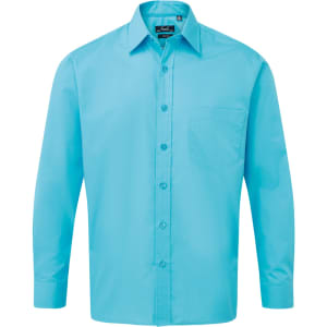 A turquoise long-sleeve poplin button-up shirt featuring a chest pocket and a logo on the label.