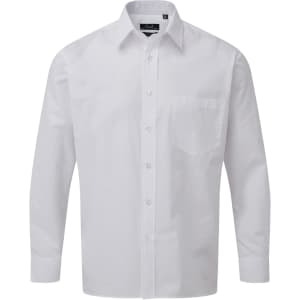 A white button-up shirt with long sleeves and a pocket, featuring a logo on the brand label.