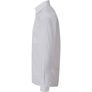 A white long-sleeve button-up shirt with a neat collar, featuring a subtle logo.