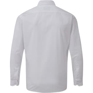 A white long-sleeve button-up shirt with a smooth finish and a collar, featuring a logo on the back.